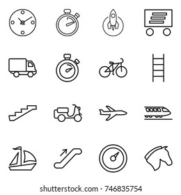 thin line icon set : clock, stopwatch, rocket, delivery, bike, stairs, scooter shipping, plane, train, sail boat, escalator, barometer, horse