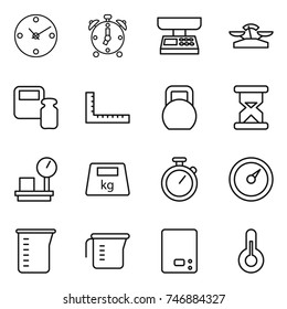 thin line icon set : clock, alarm, market scales, weight, ruler, heavy, sand, warehouse, stopwatch, barometer, measuring cup, kitchen, thermometer