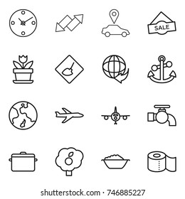 thin line icon set : clock, up down arrow, car pointer, sale, flower, under construction, delivery, anchor, earth, plane, water tap, pan, garden, foam basin, toilet paper