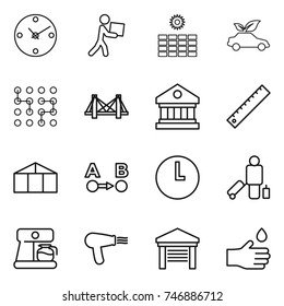 thin line icon set : clock, courier, sun power, eco car, chip, bridge, library, ruler, greenhouse, route a to b, passenger, coffee maker, hair dryer, garage, hand drop