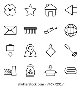 thin line icon set : clock, star, home, left arrow, mail, bridge, stairs, globe, baggage get, map, rag, whisk, factory, fertilizer, package, towel