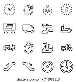 thin line icon set : clock, stopwatch, rocket, lightning, delivery, journey, sea shipping, scooter, sail boat, motorcycle, escalator, barometer, watch