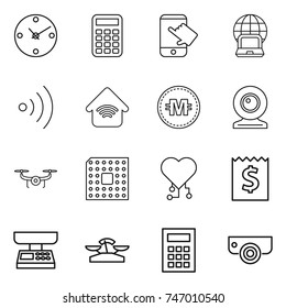 thin line icon set : clock, calculator, touch, notebook globe, wireless, home, crypto currency, web cam, drone, cpu, cardio chip, receipt, market scales, surveillance camera