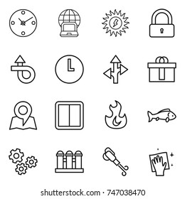 thin line icon set : clock, notebook globe, sun power, lock, trip, route, hi quality package, map, switch, fire, fish, gears, grain elevator, blower, wiping