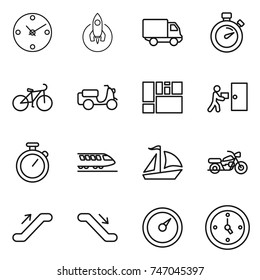 thin line icon set : clock, rocket, delivery, stopwatch, bike, scooter shipping, consolidated cargo, courier, train, sail boat, motorcycle, escalator, barometer, watch