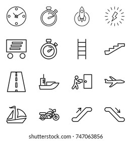 thin line icon set : clock, stopwatch, rocket, lightning, delivery, stairs, road, sea shipping, courier, plane, sail boat, motorcycle, escalator
