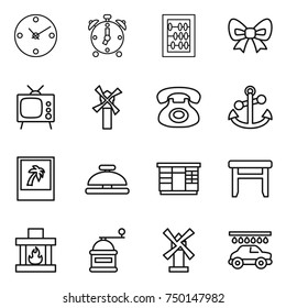 thin line icon set : clock, alarm, abacus, bow, tv, windmill, phone, anchor, photo, service bell, wardrobe, stool, fireplace, hand mill, car wash