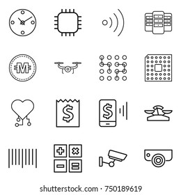 thin line icon set : clock, chip, wireless, server, crypto currency, drone, cpu, cardio, receipt, mobile pay, scales, bar code, calculator, surveillance, camera