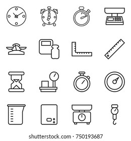 thin line icon set : clock, alarm, stopwatch, market scales, weight, ruler, sand, warehouse, barometer, measuring cup, kitchen, handle