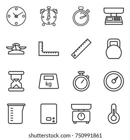 thin line icon set : clock, alarm, stopwatch, market scales, ruler, heavy, sand, barometer, measuring cup, kitchen, thermometer