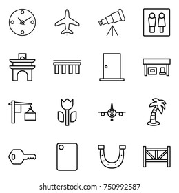 thin line icon set : clock, plane, telescope, wc, arch, bridge, door, gas station, loading, perishable, palm, key, cutting board, horseshoe, farm fence