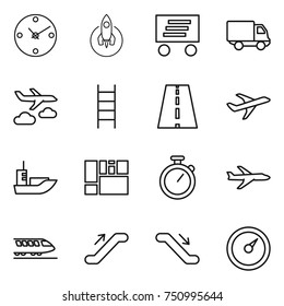 thin line icon set : clock, rocket, delivery, journey, stairs, road, plane, sea shipping, consolidated cargo, stopwatch, train, escalator, barometer