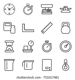 thin line icon set : clock, stopwatch, market scales, weight, ruler, heavy, sand, warehouse, barometer, measuring cup, kitchen, thermometer