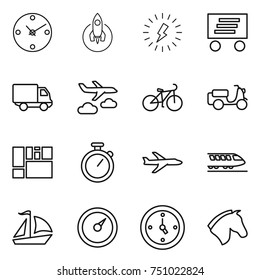 thin line icon set : clock, rocket, lightning, delivery, journey, bike, scooter shipping, consolidated cargo, stopwatch, plane, train, sail boat, barometer, watch, horse