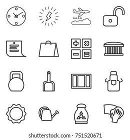 thin line icon set : clock, lightning, weather management, unlock, shopping list, bag, calculator, airport building, heavy, scoop, window, apron, induction oven, watering can, fertilizer, wiping