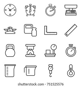 thin line icon set : clock, alarm, stopwatch, market scales, weight, ruler, heavy, sand, warehouse, measuring cup, handle, thermometer