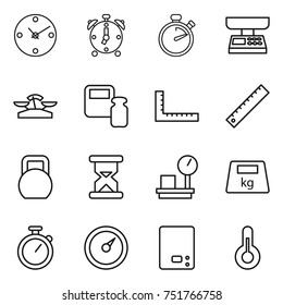 thin line icon set : clock, alarm, stopwatch, market scales, weight, ruler, heavy, sand, warehouse, barometer, kitchen, thermometer