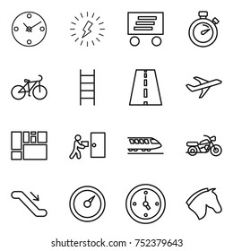 thin line icon set : clock, lightning, delivery, stopwatch, bike, stairs, road, plane, consolidated cargo, courier, train, motorcycle, escalator, barometer, watch, horse