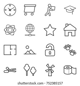 thin line icon set : clock, delivery, courier, graduate hat, atom, globe connect, star, home, plan, landscape, unlocked, pets, scissors, trees, windmill, toilet paper