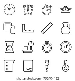 thin line icon set : clock, alarm, stopwatch, scales, weight, ruler, heavy, sand, warehouse, barometer, measuring cup, kitchen, handle, thermometer