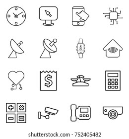 thin line icon set : clock, monitor arrow, touch, chip, satellite antenna, smart watch, wireless home, cardio, receipt, scales, calculator, surveillance, intercome, camera