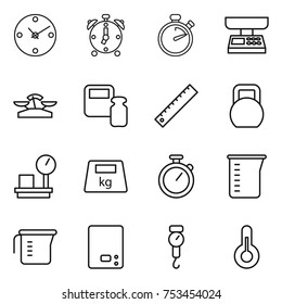 thin line icon set : clock, alarm, stopwatch, market scales, weight, ruler, heavy, warehouse, measuring cup, kitchen, handle, thermometer