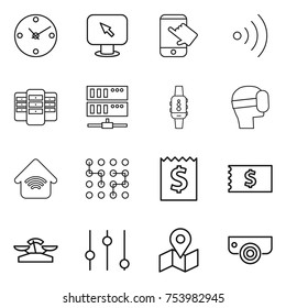thin line icon set : clock, monitor arrow, touch, wireless, server, smart watch, virtual mask, home, chip, receipt, scales, equalizer, map, surveillance camera