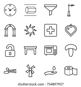 thin line icon set : clock, nano tube, funnel, outdoor light, arch, sun, first aid, heart pendant, unlocked, table, grill oven, mushroom, scissors, windmill, hand and drop, toilet paper
