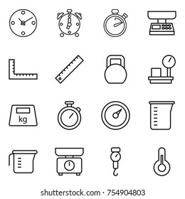 thin line icon set : clock, alarm, stopwatch, market scales, ruler, heavy, warehouse, barometer, measuring cup, kitchen, handle, thermometer