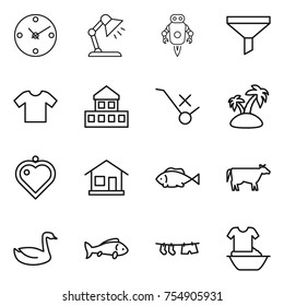 thin line icon set : clock, table lamp, jet robot, funnel, t shirt, cottage, do not trolley sign, island, heart pendant, home, fish, cow, goose, drying clothe, handle washing