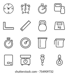 thin line icon set : clock, alarm, stopwatch, scales weight, ruler, heavy, barometer, measuring cup, kitchen, handle, thermometer
