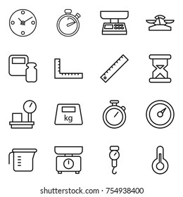 thin line icon set : clock, stopwatch, market scales, weight, ruler, sand, warehouse, heavy, barometer, measuring cup, kitchen, handle, thermometer