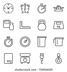 thin line icon set : clock, alarm, stopwatch, scales, weight, ruler, heavy, barometer, measuring cup, kitchen, handle, thermometer
