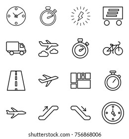 Thin line icon set : clock, stopwatch, lightning, delivery, journey, bike, road, plane, consolidated cargo, escalator, watch