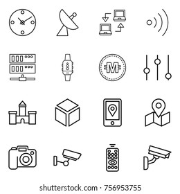 Thin line icon set : clock, satellite antenna, notebook connect, wireless, server, smart watch, crypto currency, equalizer, castle, 3d, mobile location, map, camera, surveillance, remote control