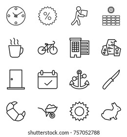 Thin line icon set : clock, percent, courier, sun power, hot drink, bike, houses, modern architecture, door, terms, anchor, knife, croissant, wheelbarrow, rabbit