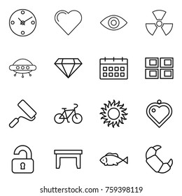 Thin line icon set : clock, heart, eye, nuclear, ufo, diamond, calendar, panel house, repair, bike, sun, pendant, unlocked, table, fish, croissant