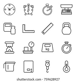 Thin line icon set : clock, alarm, stopwatch, market scales, weight, ruler, heavy, sand, warehouse, measuring cup, kitchen, handle, thermometer