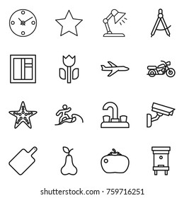 Thin line icon set : clock, star, table lamp, draw compass, window, perishable, plane, motorcycle, starfish, surfer, water tap, surveillance camera, cutting board, pear, tomato, hive