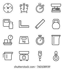 Thin line icon set : clock, alarm, stopwatch, market scales, weight, ruler, heavy, warehouse, measuring cup, kitchen, handle, thermometer
