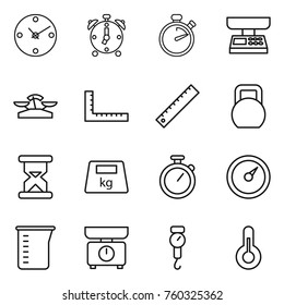 Thin line icon set : clock, alarm, stopwatch, market scales, ruler, heavy, sand, barometer, measuring cup, kitchen, handle, thermometer