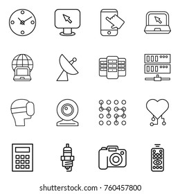 Thin line icon set : clock, monitor arrow, touch, notebook, globe, satellite antenna, server, virtual mask, web cam, chip, cardio, calculator, spark plug, camera, remote control