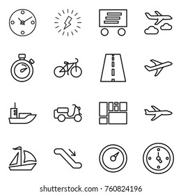 Thin line icon set : clock, lightning, delivery, journey, stopwatch, bike, road, plane, sea shipping, scooter, consolidated cargo, sail boat, escalator, barometer, watch