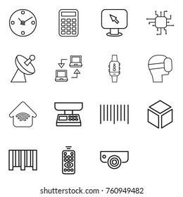 Thin line icon set : clock, calculator, monitor arrow, chip, satellite antenna, notebook connect, smart watch, virtual mask, wireless home, market scales, bar code, 3d, remote control