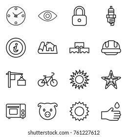 Thin line icon set : clock, eye, lock, spark plug, info, project, block wall, building helmet, loading, bike, sun, starfish, grill oven, pig, hand drop