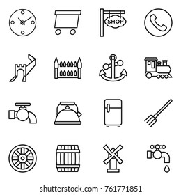Thin line icon set : clock, delivery, shop signboard, phone, greate wall, gothic architecture, anchor, train, water tap, kettle, fridge, fork, wheel, barrel, windmill