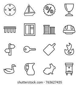 Thin line icon set : clock, boat, percent, wineglass, bridge, window, district, building helmet, signpost, key, cutting board, fire, goose, jug, rabbit, hive