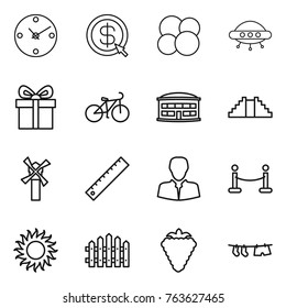 Thin Line Icon Set : Clock, Dollar Arrow, Atom Core, Ufo, Gift, Bike, Airport Building, Pyramid, Windmill, Ruler, Client, Vip Fence, Sun, Berry, Drying Clothe