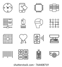 Thin line icon set : clock, touch, chip, server, crystall memory, virtual mask, cpu, cardio, mobile pay, market scales, bar code, calculator, remote control, surveillance camera