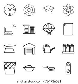 Thin line icon set : clock, around gear, graduate hat, atom, notebook wireless, district, parachute delivery, cutting board, garage, watering can, grain elevator, trash bin, foam basin, brush
